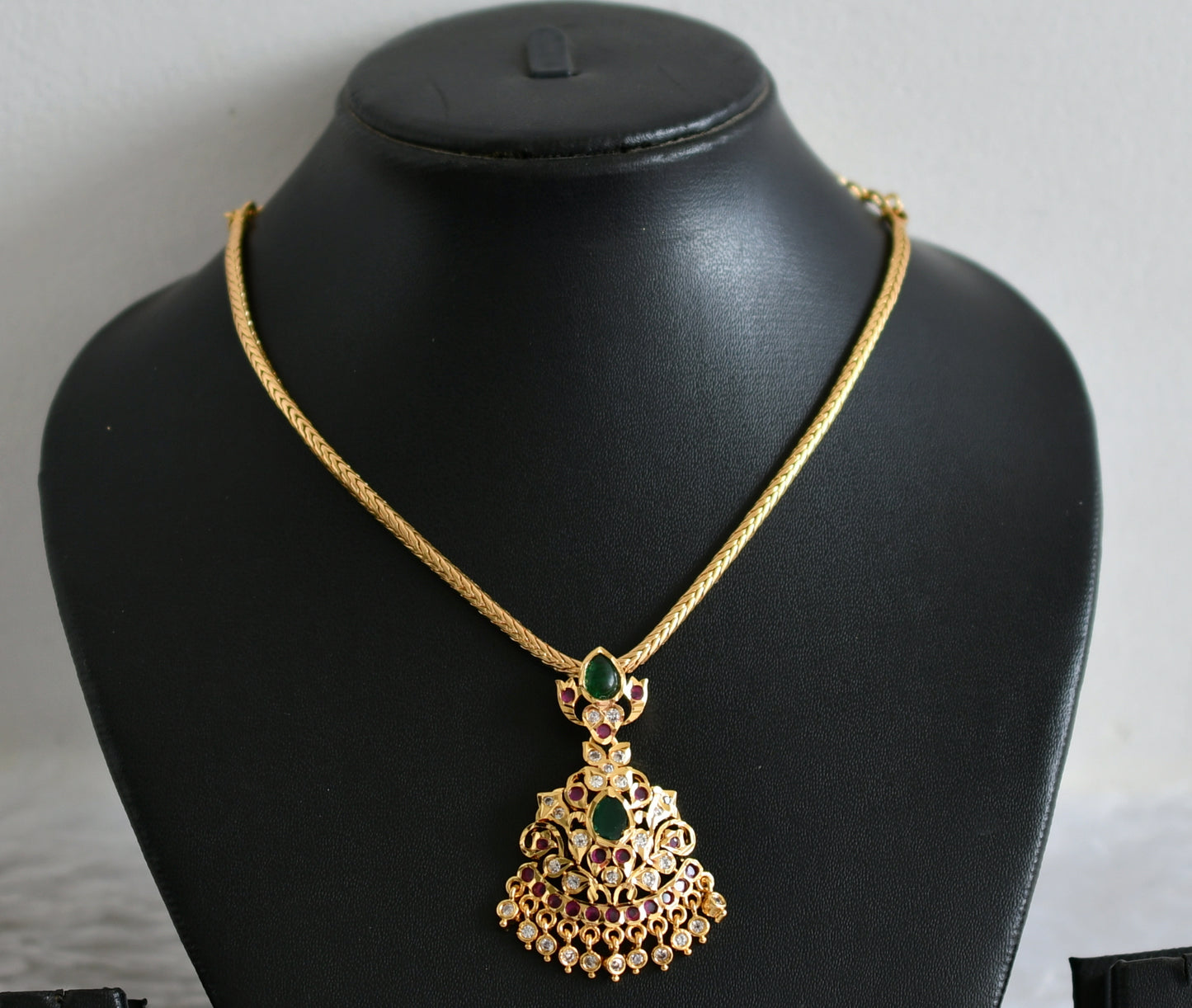 Gold tone ruby-green-white ad south indian attigai/necklace dj-44603