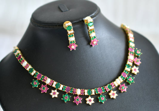 Gold tone ruby-green-pearl stone flower necklace set dj-43719
