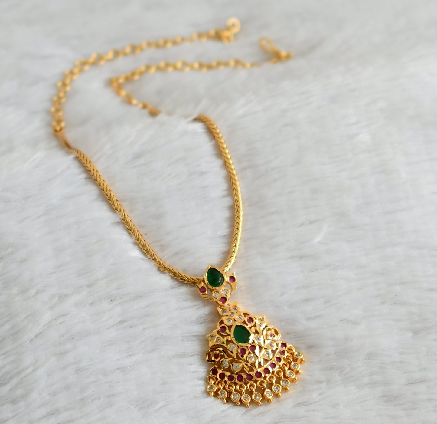 Gold tone ruby-green-white ad south indian attigai/necklace dj-44603