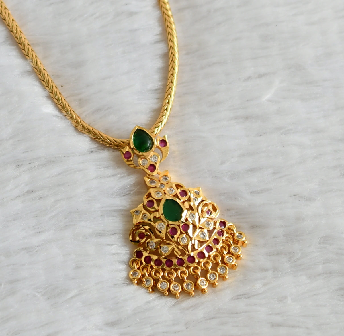 Gold tone ruby-green-white ad south indian attigai/necklace dj-44603