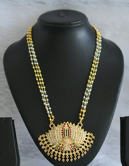 Gold tone 18 inches gold-pearl bead multi layer chain with ad pink-green-white lotus pendant dj-47040