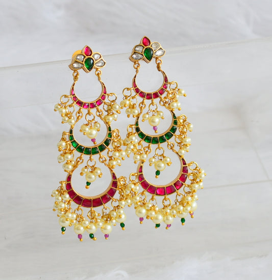 Gold tone pink-green-white kundan jadau step earrings dj-50722
