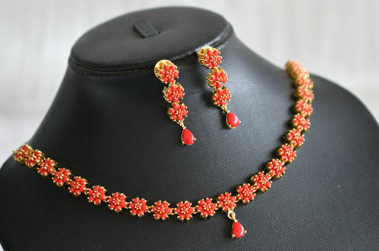 Gold tone coral stone flower necklace set dj-43718