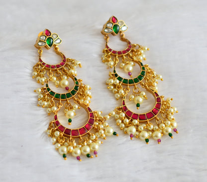 Gold tone pink-green-white kundan jadau step earrings dj-50722