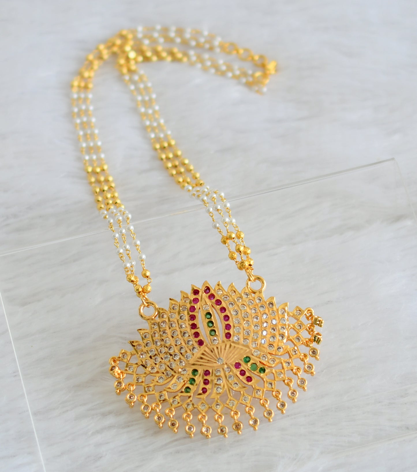 Gold tone 18 inches gold-pearl bead multi layer chain with ad pink-green-white lotus pendant dj-47040