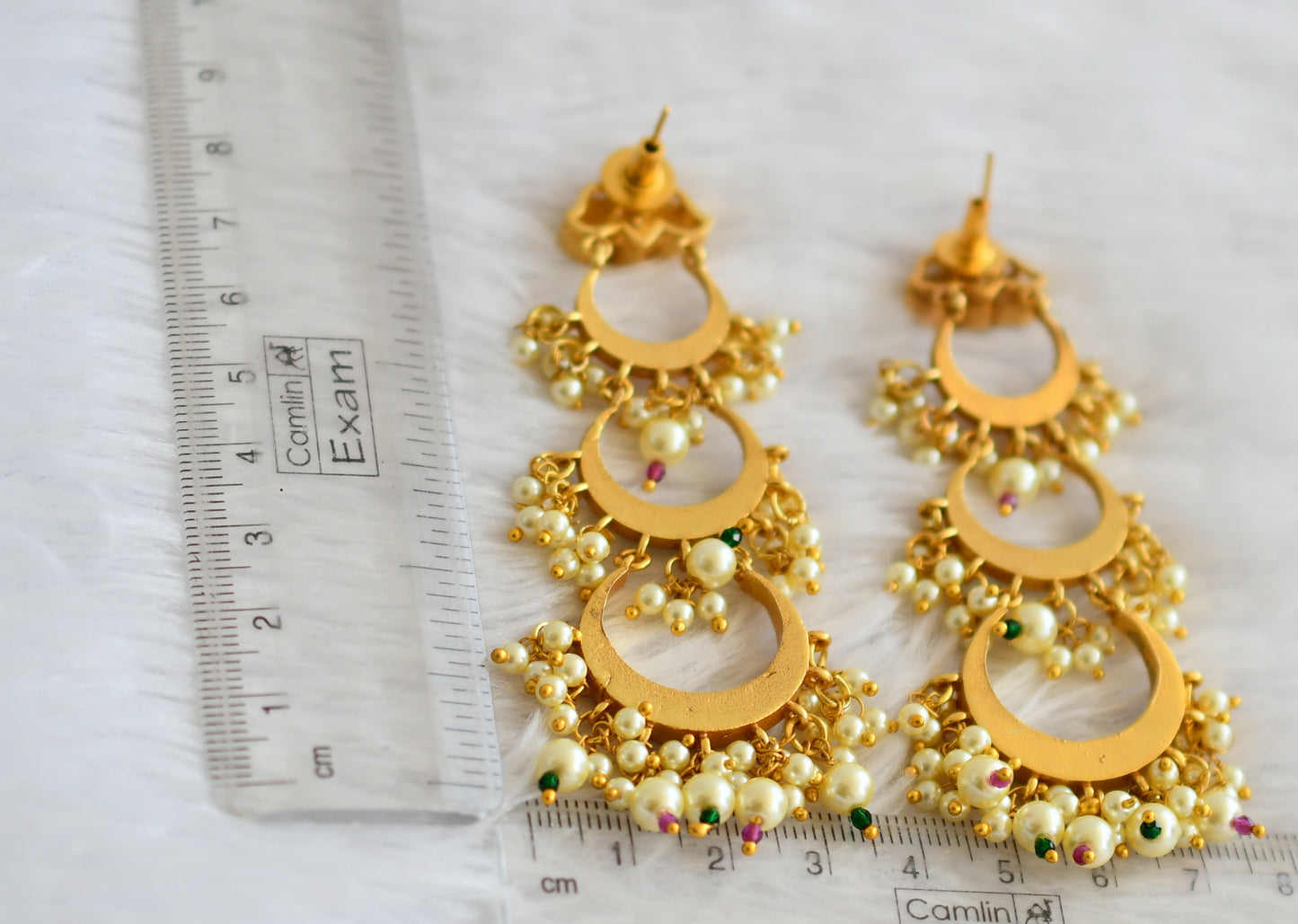 Gold tone pink-green-white kundan jadau step earrings dj-50722