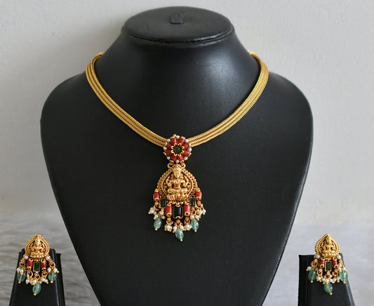 Matte finish coral-pearl-green beaded lakshmi flower necklace set dj-48814