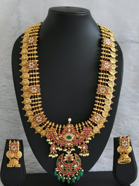 Antique gold tone pink-green-white kundan jadau Lakshmi coin haar set dj-36593