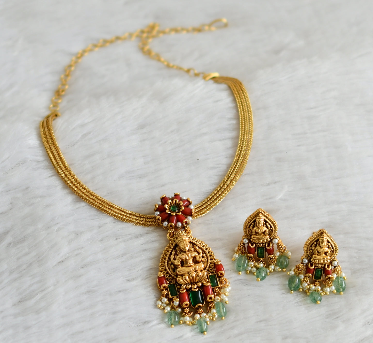 Matte finish coral-pearl-green beaded lakshmi flower necklace set dj-48814