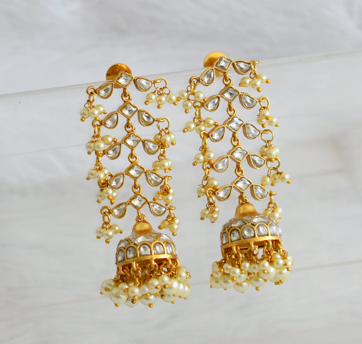 Gold tone white kundan jadau long jhumkka dj-50726