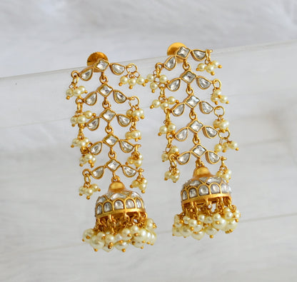 Gold tone white kundan jadau long jhumkka dj-50726