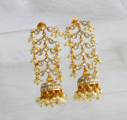 Gold tone white kundan jadau long jhumkka dj-50726