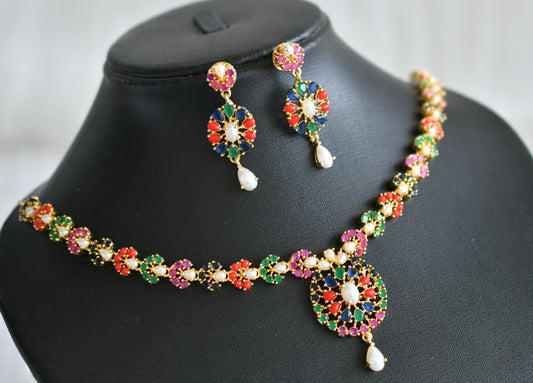 Gold tone navarathna stone necklace set dj-43728