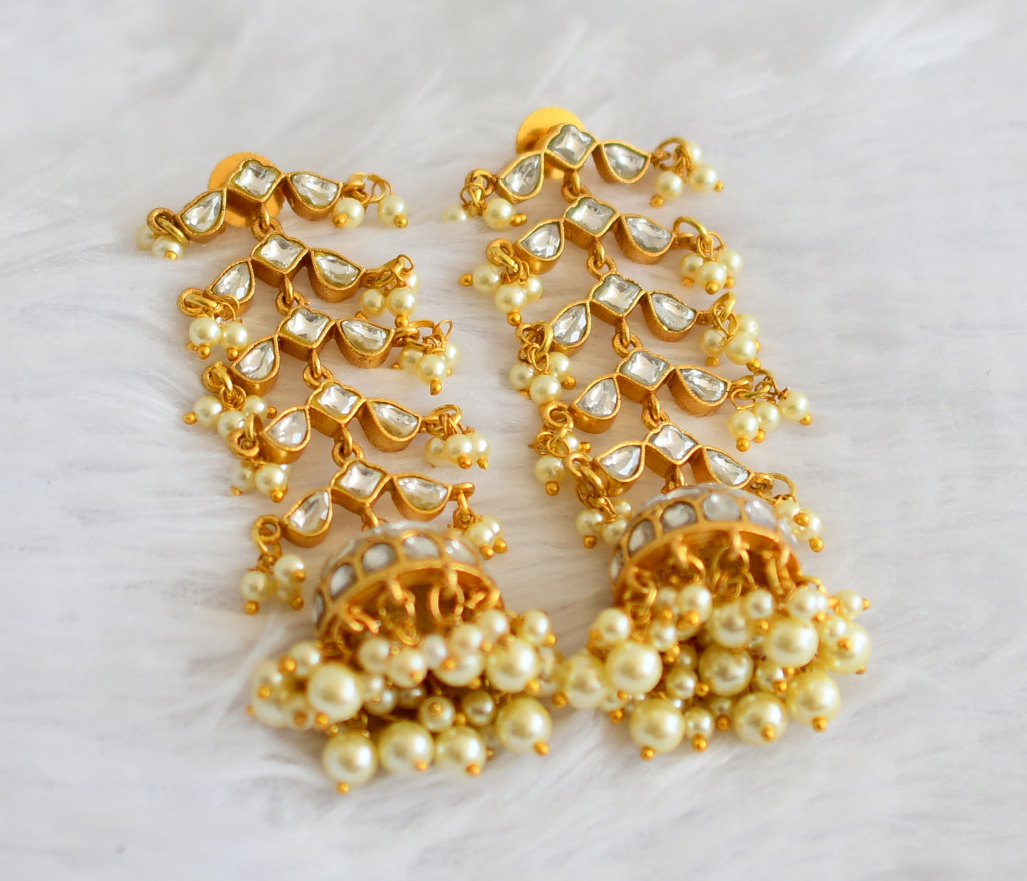 Gold tone white kundan jadau long jhumkka dj-50726