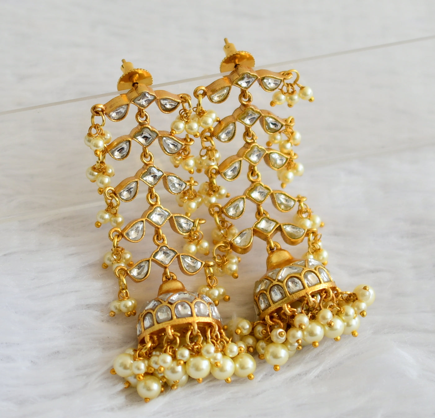 Gold tone white kundan jadau long jhumkka dj-50726