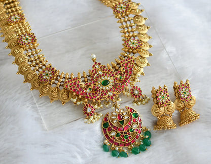 Antique gold tone pink-green-white kundan jadau Lakshmi coin haar set dj-36593