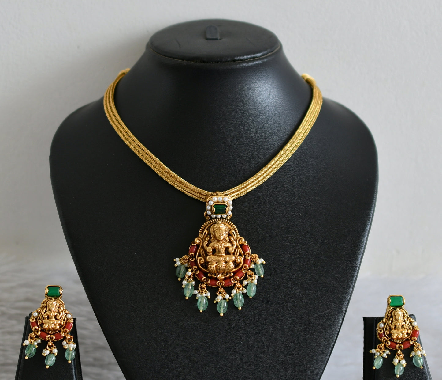 Matte finish coral-pearl-green beaded lakshmi necklace set dj-48813