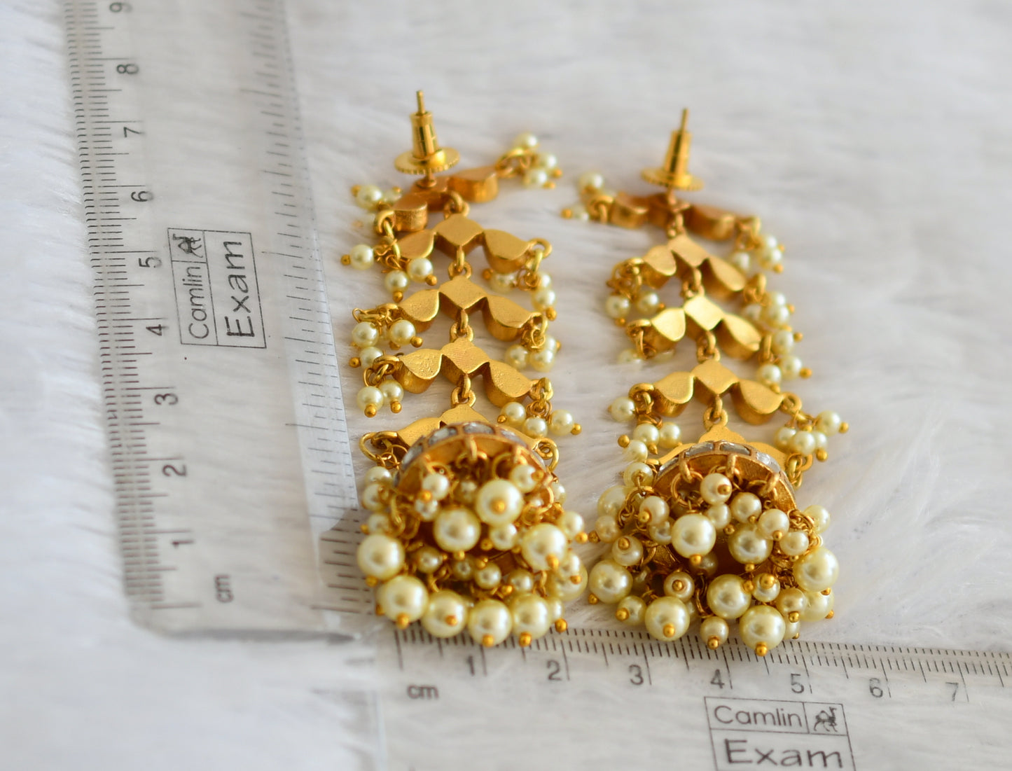 Gold tone white kundan jadau long jhumkka dj-50726