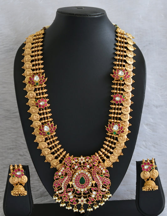 Antique gold Pink-green-white kundan jadau Lakshmi coin-Lotus haar set dj-36316