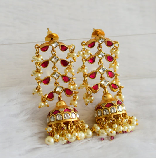 Gold tone pink-white kundan jadau long jhumkka dj-50724