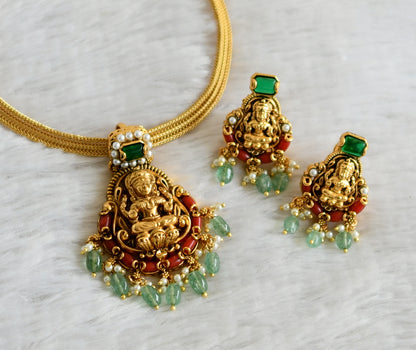 Matte finish coral-pearl-green beaded lakshmi necklace set dj-48813