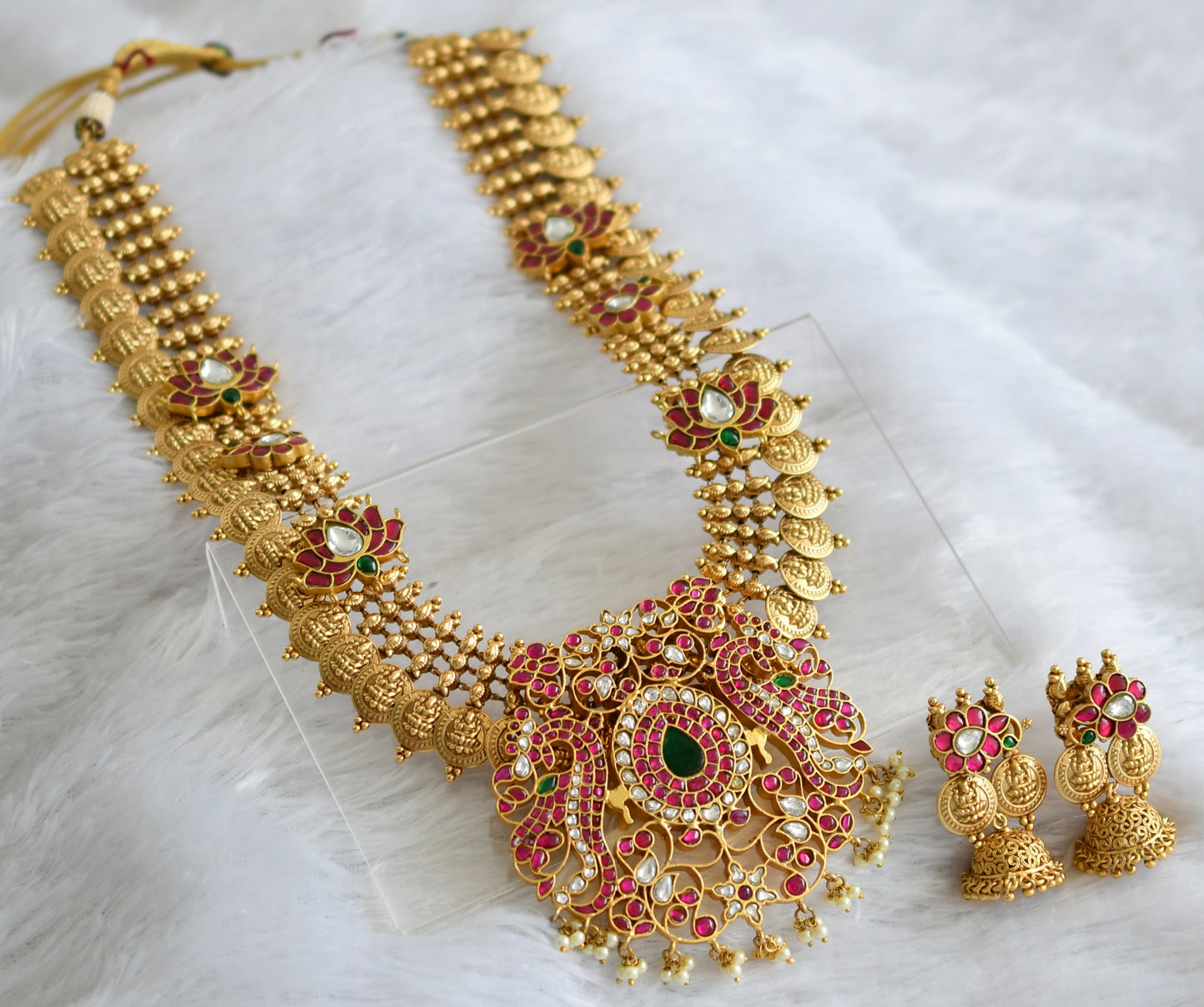 Antique gold Pink-green-white kundan jadau Lakshmi coin-Lotus haar set dj-36316