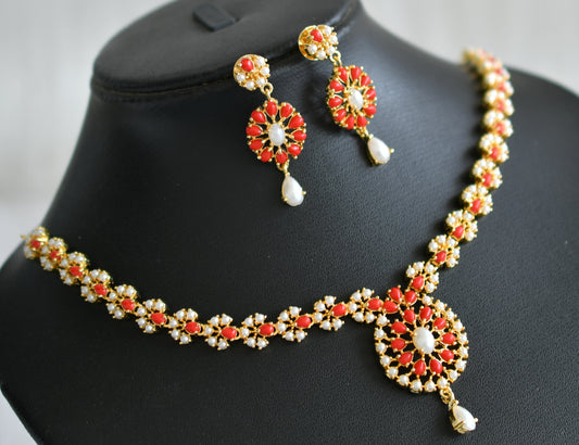 Gold tone pearl-coral stone necklace set dj-43729