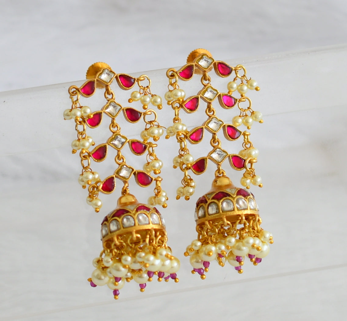 Gold tone pink-white kundan jadau long jhumkka dj-50724