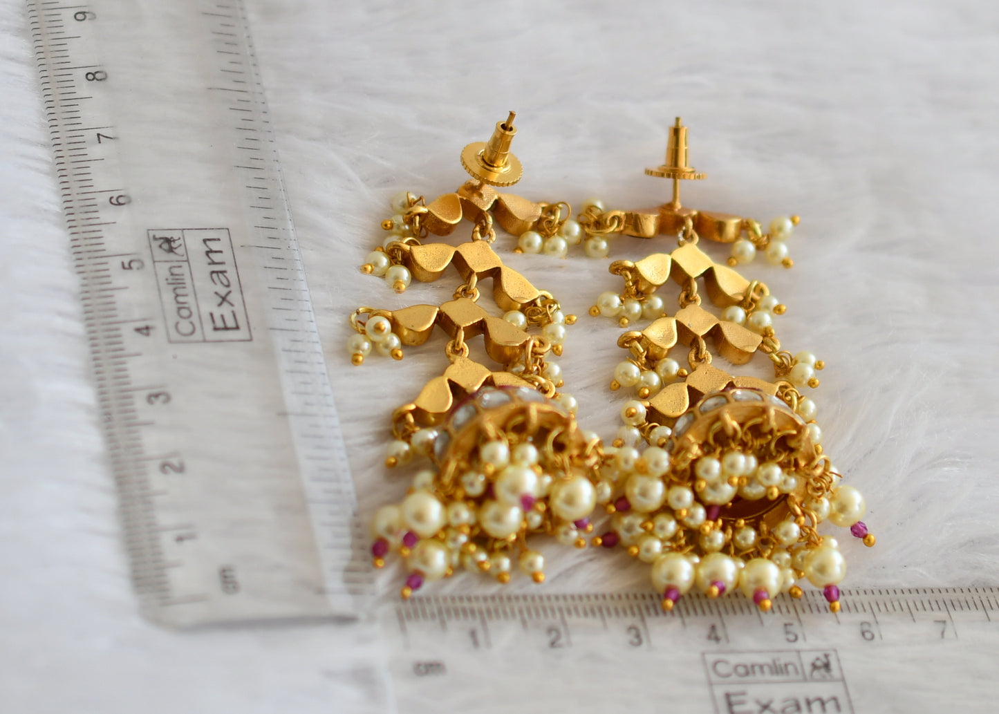 Gold tone pink-white kundan jadau long jhumkka dj-50724