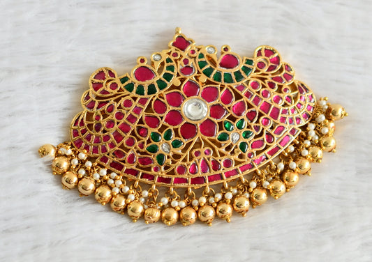 Gold tone pink-green-white kundan jadau flower peacock pendant dj-48804