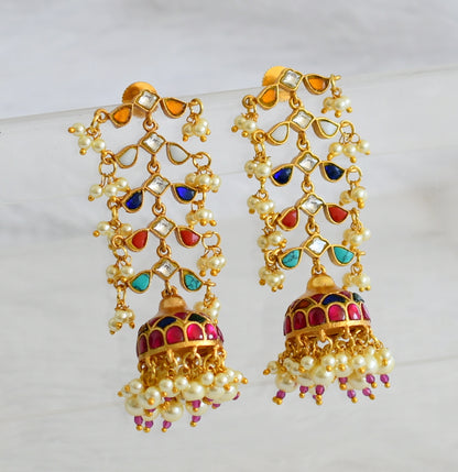 Gold tone navarathna kundan jadau long jhumkka dj-50725