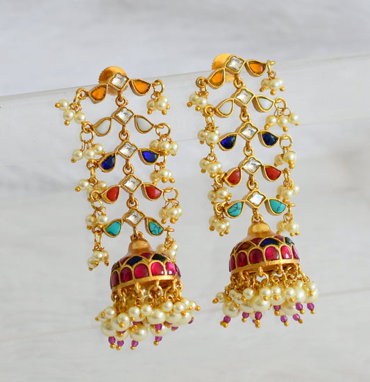 Gold tone navarathna kundan jadau long jhumkka dj-50725