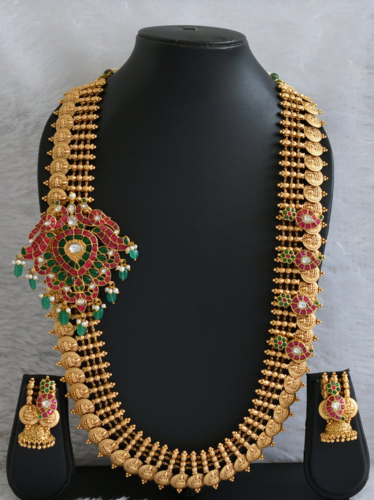 Antique gold tone Pink-green-white kundan jadau Lakshmi coin haar set dj-36318