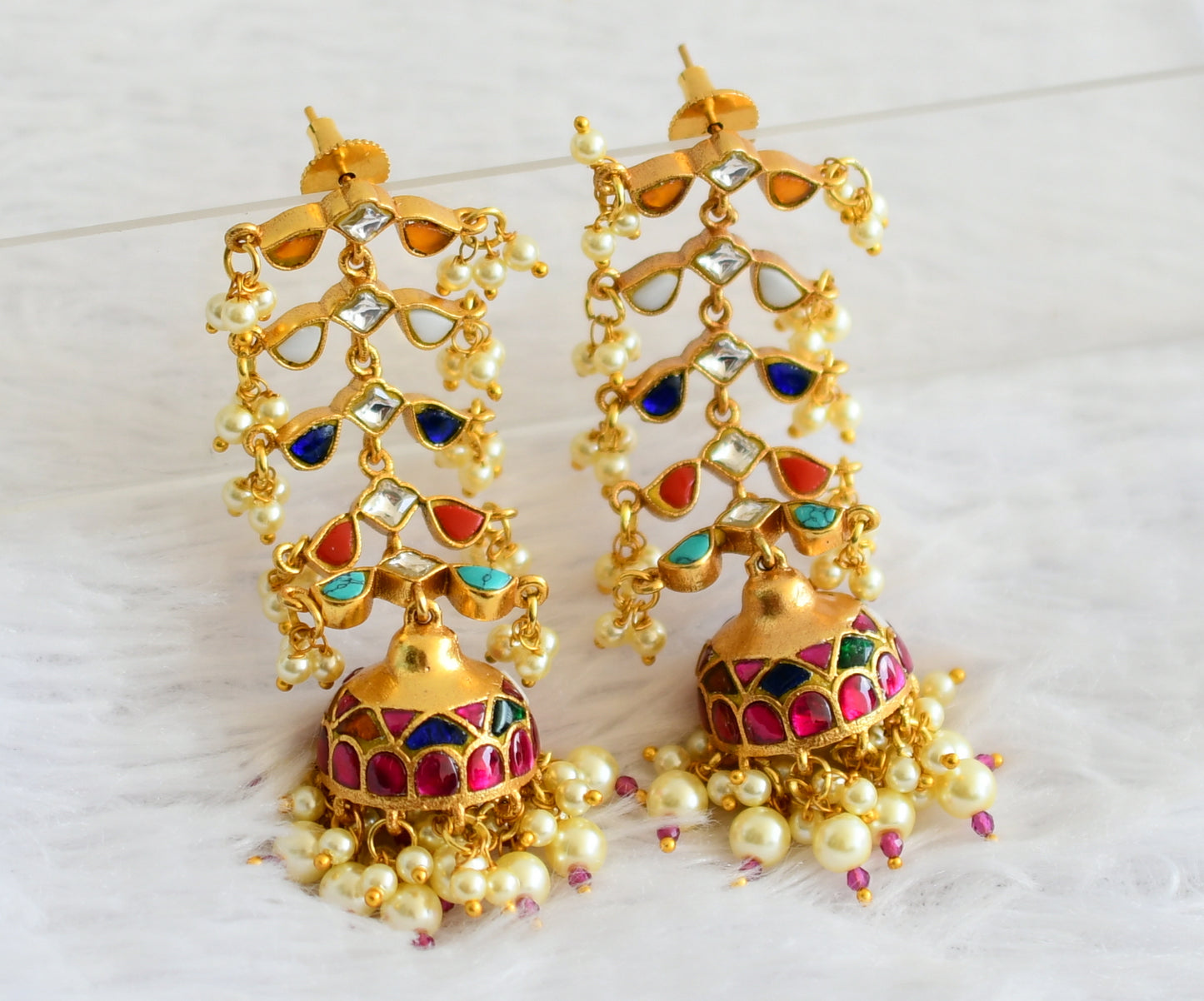 Gold tone navarathna kundan jadau long jhumkka dj-50725