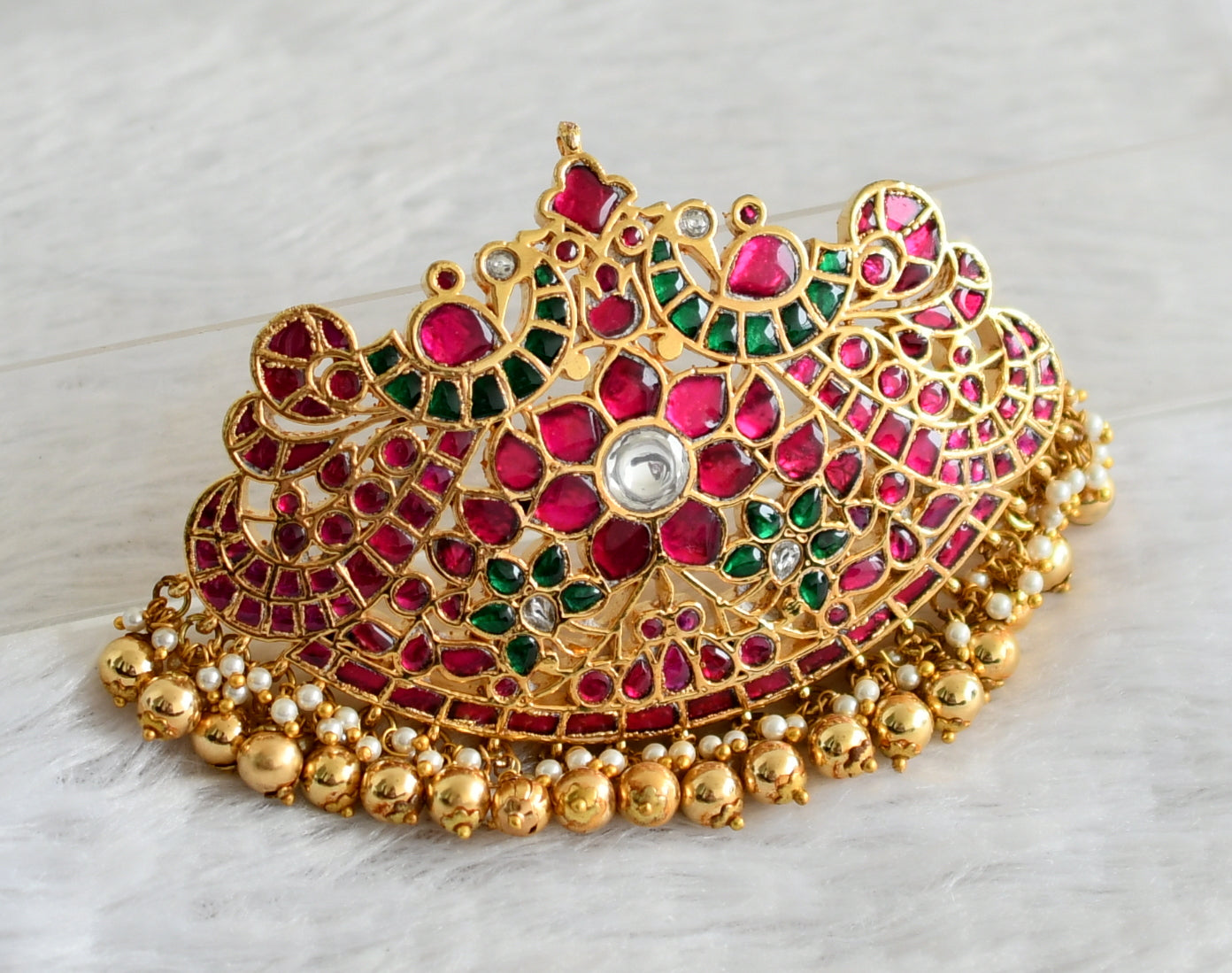 Gold tone pink-green-white kundan jadau flower peacock pendant dj-48804