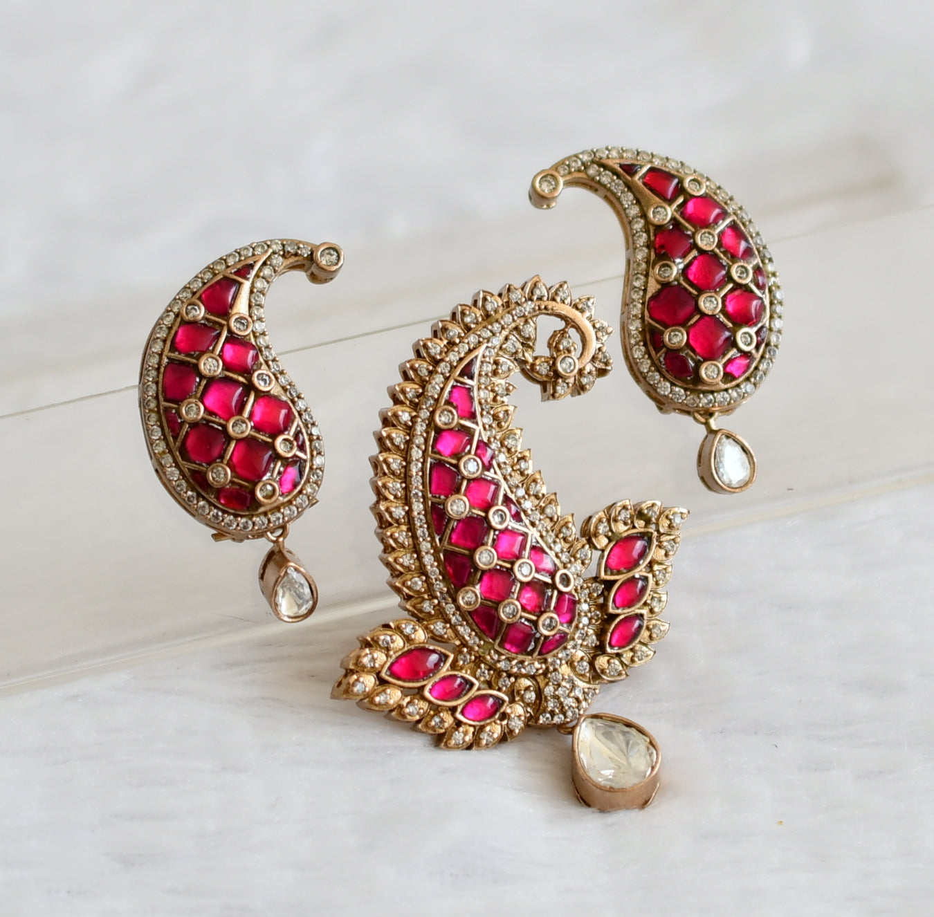 Antique gold tone pink-white kundan jadau mango pendant set dj-50736