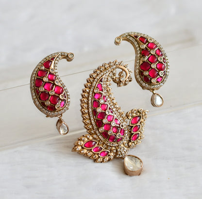 Antique gold tone pink-white kundan jadau mango pendant set dj-50736