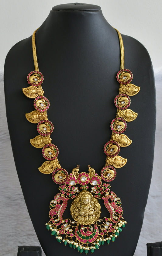 Antique gold look alike Pink-green-white Lakshmi-swan-Ganesha Kunda Jadau haar dj-36319