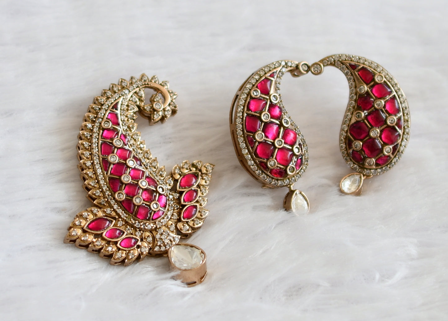 Antique gold tone pink-white kundan jadau mango pendant set dj-50736