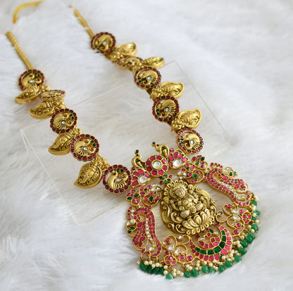 Antique gold look alike Pink-green-white Lakshmi-swan-Ganesha Kunda Jadau haar dj-36319