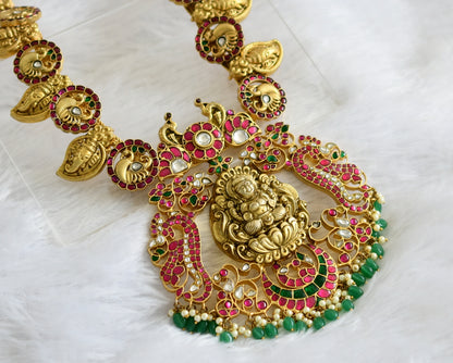 Antique gold look alike Pink-green-white Lakshmi-swan-Ganesha Kunda Jadau haar dj-36319