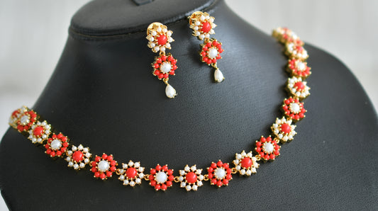 Gold tone pearl-coral stone flower necklace set dj-43715