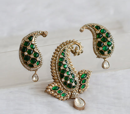 Antique gold tone green-white kundan jadau mango pendant set dj-50737