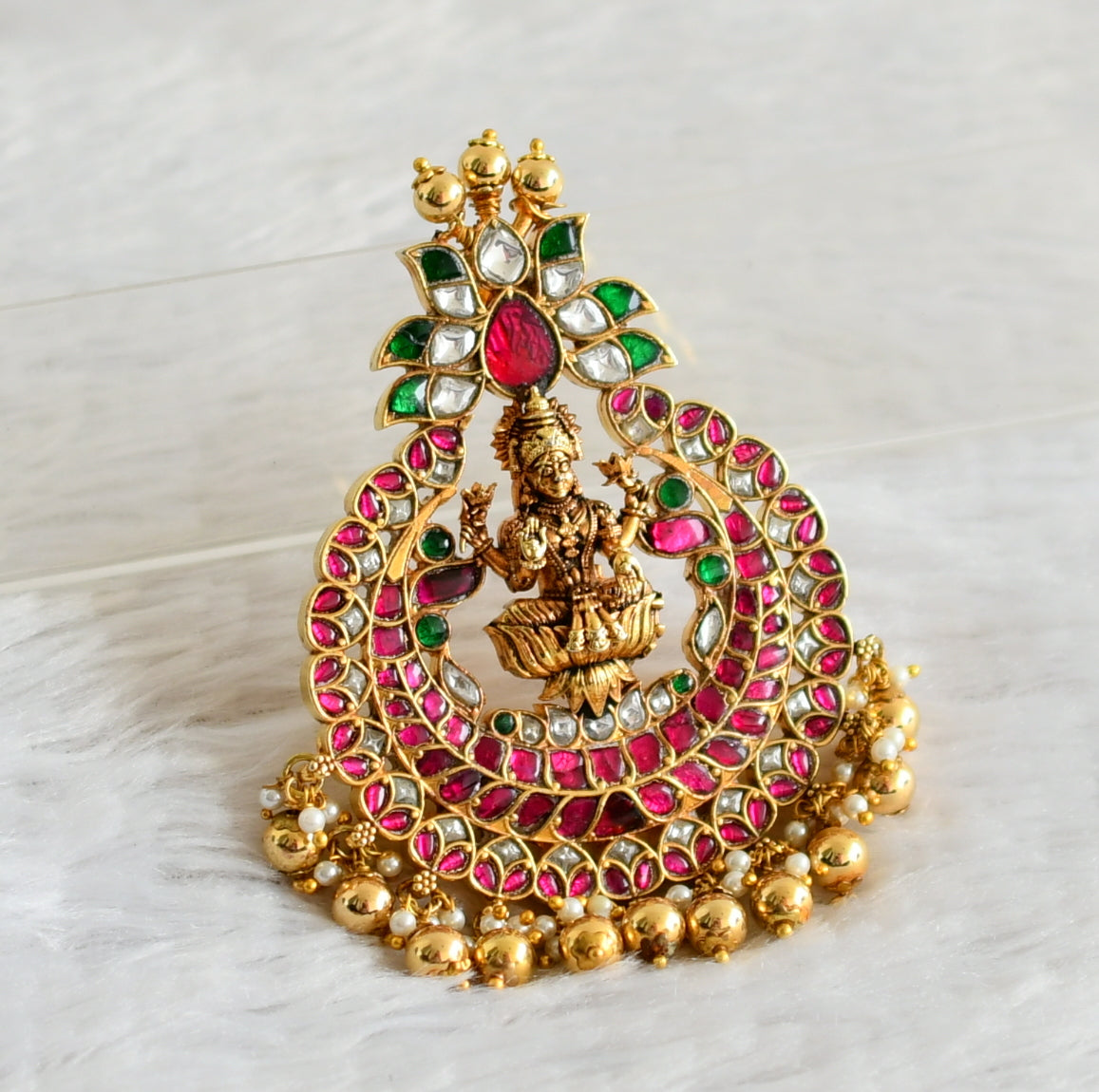 Gold tone pink-green-white kundan jadau lakshmi pendant dj-48802