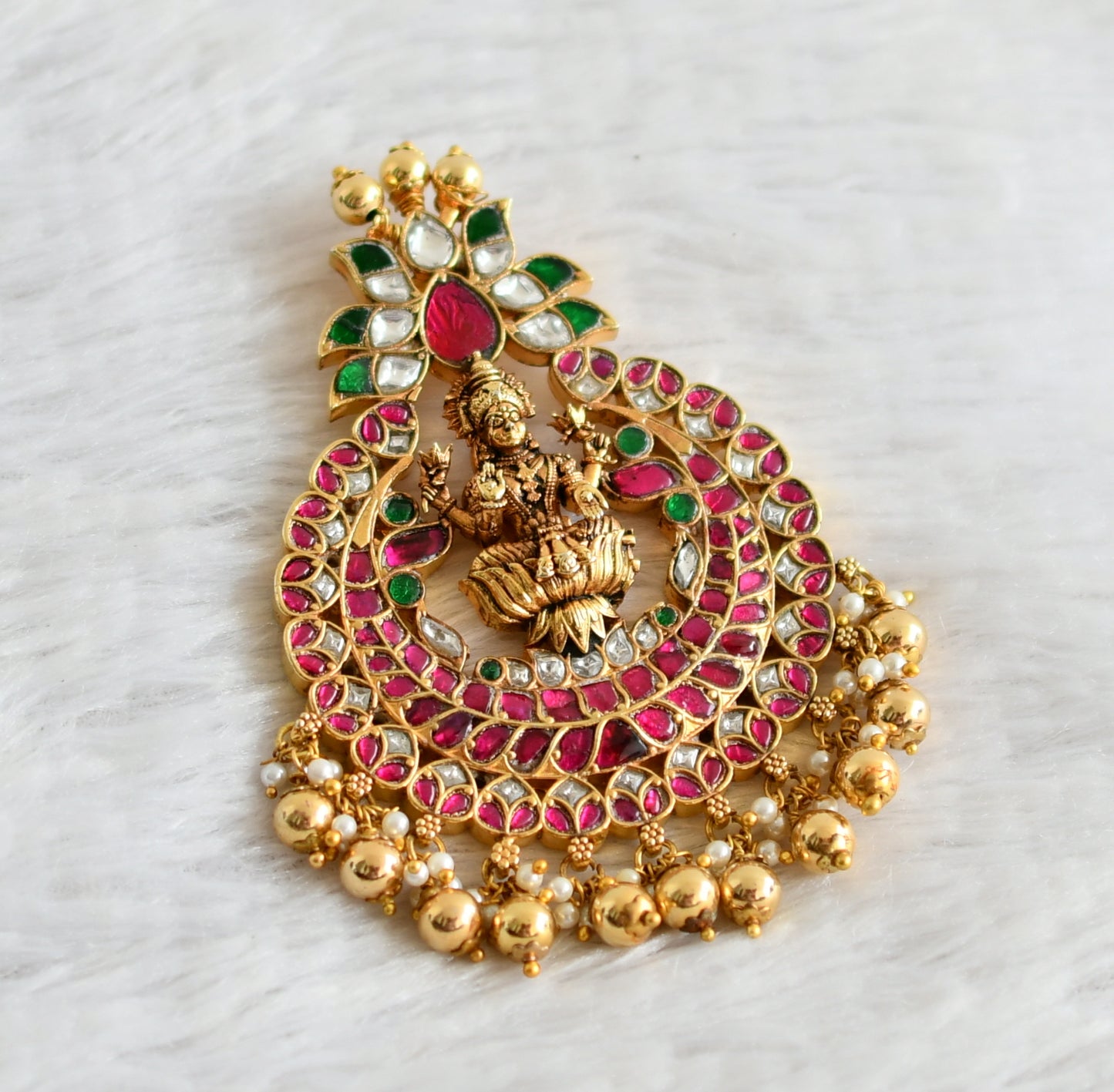 Gold tone pink-green-white kundan jadau lakshmi pendant dj-48802