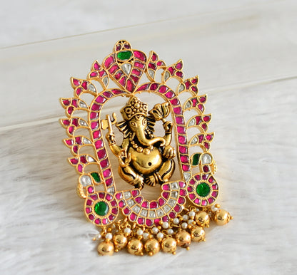 Gold tone pink-green-white kundan jadau ganesha pendant dj-48803