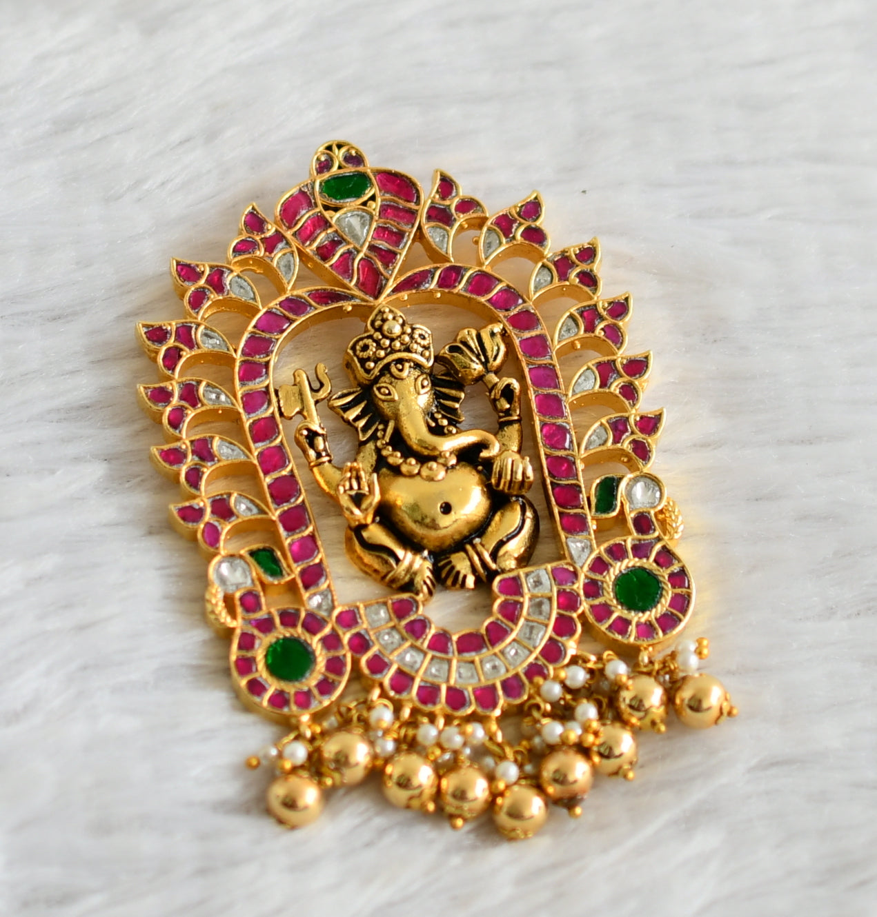 Gold tone pink-green-white kundan jadau ganesha pendant dj-48803