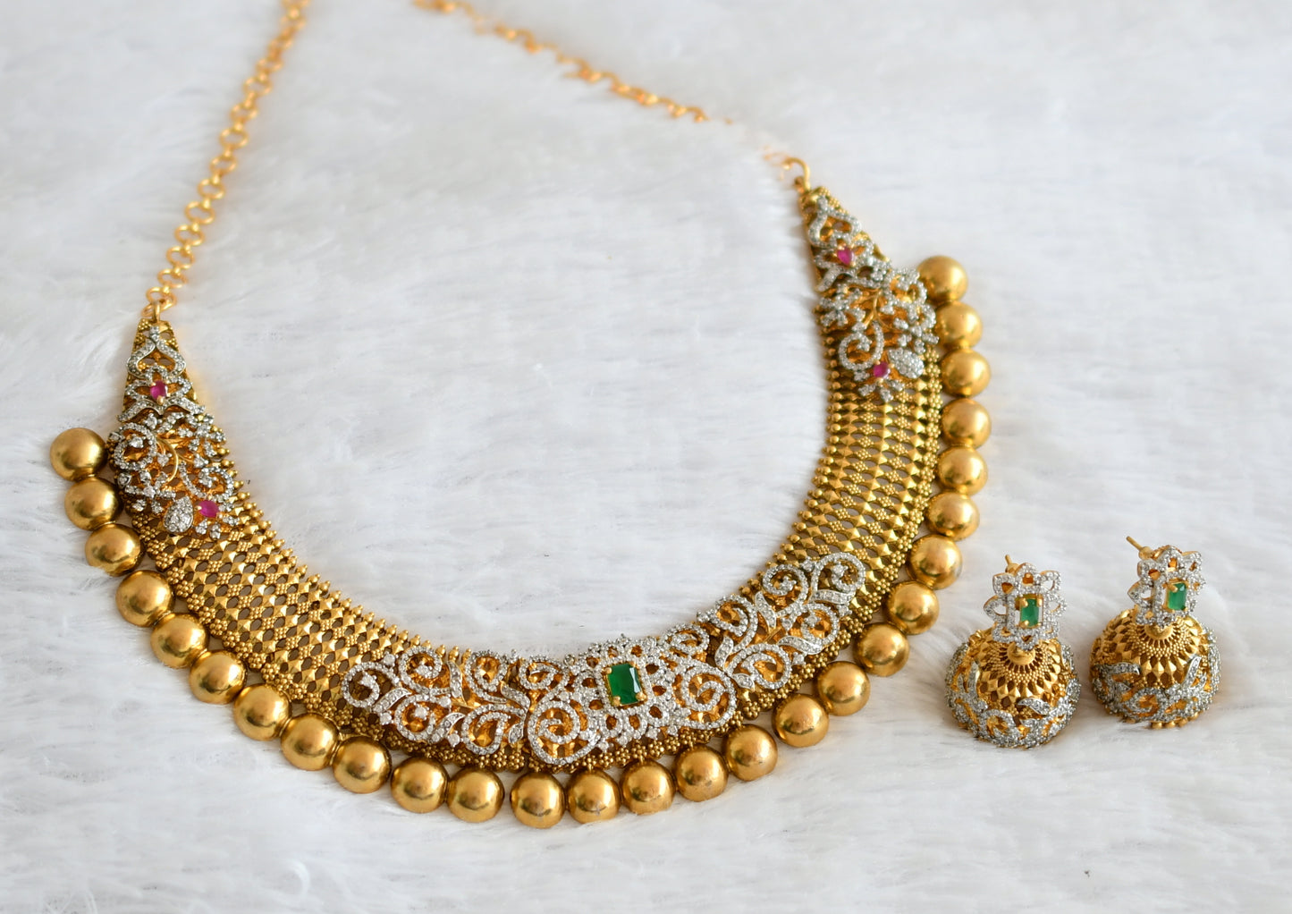 Antique Matte Cz Ruby-green Designer Necklace Set dj-33337