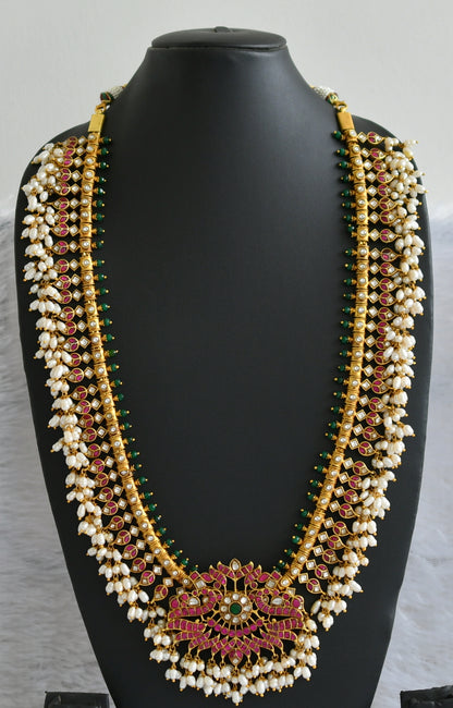 Gold tone pink-green-white kundan jadau peacock-mango gutta pusalu haar dj-38172