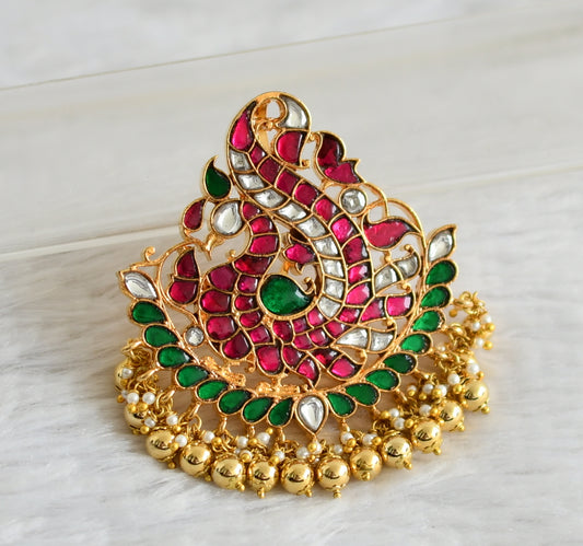 Gold tone pink-green-white kundan jadau peacock pendant dj-48800